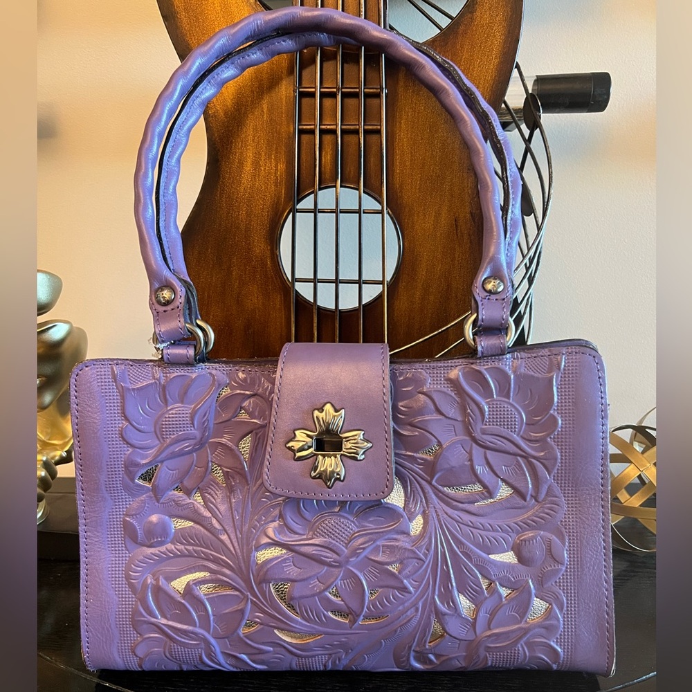 Patricia Nash Amethyst Tooled Leather Satchel 🌸 Excellent Pre-Loved